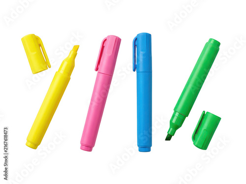Set of colorful felt tip pens and markers in yellow pink blue and green