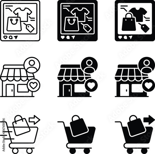 Set of flat vector icons depicting online shopping ecommerce retail and digital marketing symbols