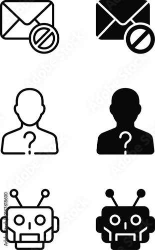 Set of six black and white linear and solid glyph icons featuring mail user and robot