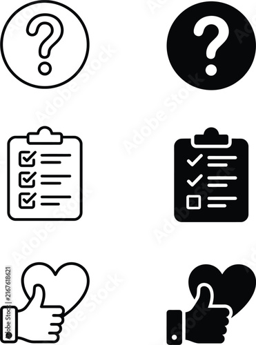 Set of six minimalist flat icons featuring question marks clipboard checklists and thumbs up heart symbols