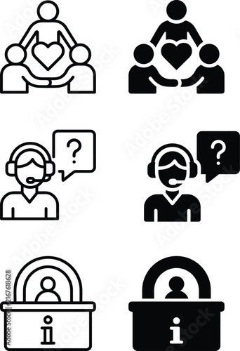 Set of flat line and solid style user interface icons representing teamwork customer support and information desk services