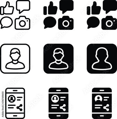 Set of social media interface icons including user profiles and engagement symbols
