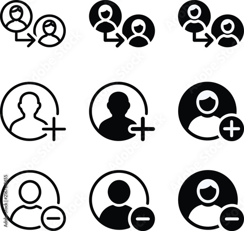 Set of user account management icons featuring add remove and transfer interface elements