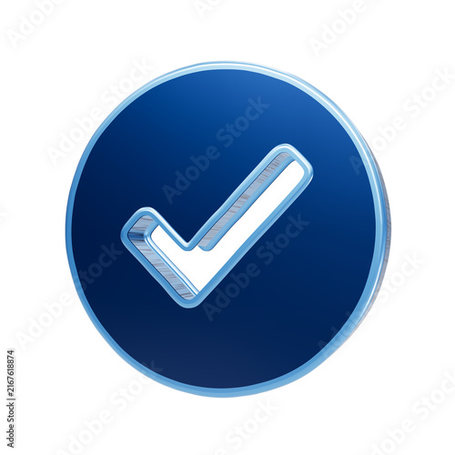 Foto Blue Check Mark: A metallic blue circle encloses a sleek, metallic check mark, signifying approval, confirmation, or a completed task