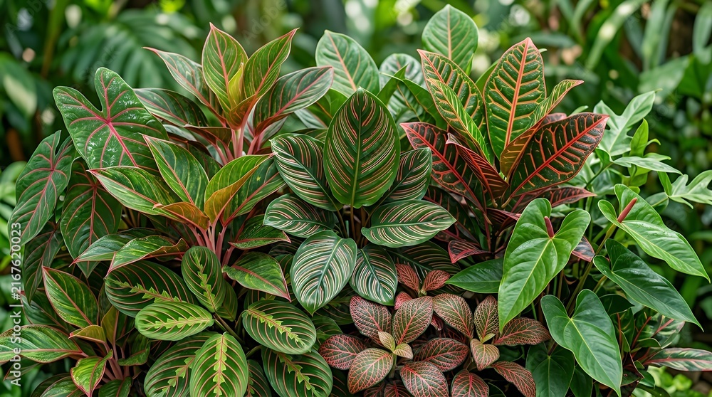 Obraz premium Lush Tropical Plant Foliage Displaying Vivid Crimson Veining in Tidy Composition for Botanical Graphic Backdrop leaves leaf botanical veins crimson foliage plant nature green red tropical exotic