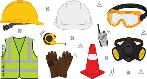 Industrial Safety and Construction Personal Protective Equipment Set featuring Hard Hat, High Visibility Vest, Goggles, Respirator Mask, and Traffic Cone Vector Illustration