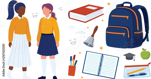 Cute School Uniform Girls Student Set with Education Supplies including Backpack, Textbook, Notebook, Pencil Case, and Handbell Vector Illustration