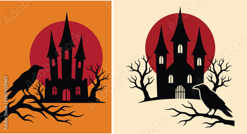 Foto Spooky Halloween haunted castle silhouette, gothic mansion with raven and full m