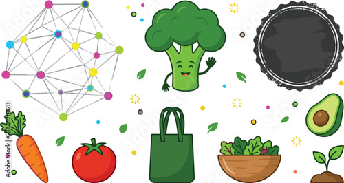 Healthy Vegan Food and Eco Friendly Lifestyle Concept Set featuring Cute Broccoli Character, Fresh Vegetables, Tote Bag, and Salad Bowl Vector Illustrati