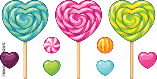 Colorful Heart Shaped Lollipop Set with Swirl Candy on Sticks, Round Hard Candies, and Small Heart Sweets for Valentine Day Celebration Vector Illustration