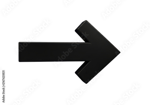 Black arrow pointing right, 3d object symbolizing direction, progress, and forward movement.