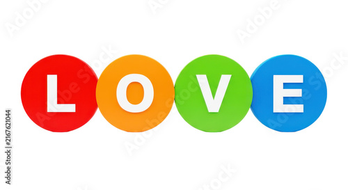 Colorful circles with letters spelling 'LOVE' in white, representing affection and relationships for design.