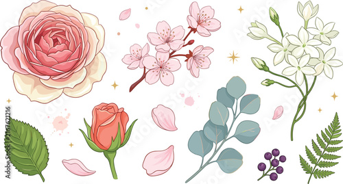 Elegant Floral Design Element Set featuring Pink Rose, Cherry Blossom, Jasmine, Eucalyptus Leaves, and Fern for Greeting Cards and Wedding Invitations Vector Illustratio