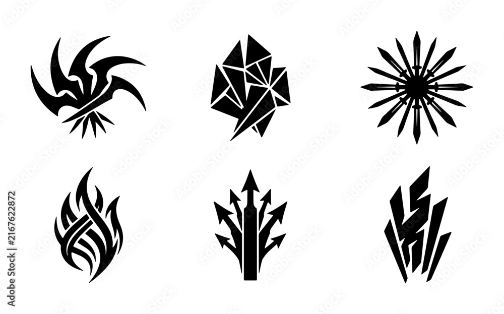 Obraz premium Abstract Geometric Shapes, Tribal Symbols, and Elemental Icons Set: Modern Black Vector Graphics for Branding and Design