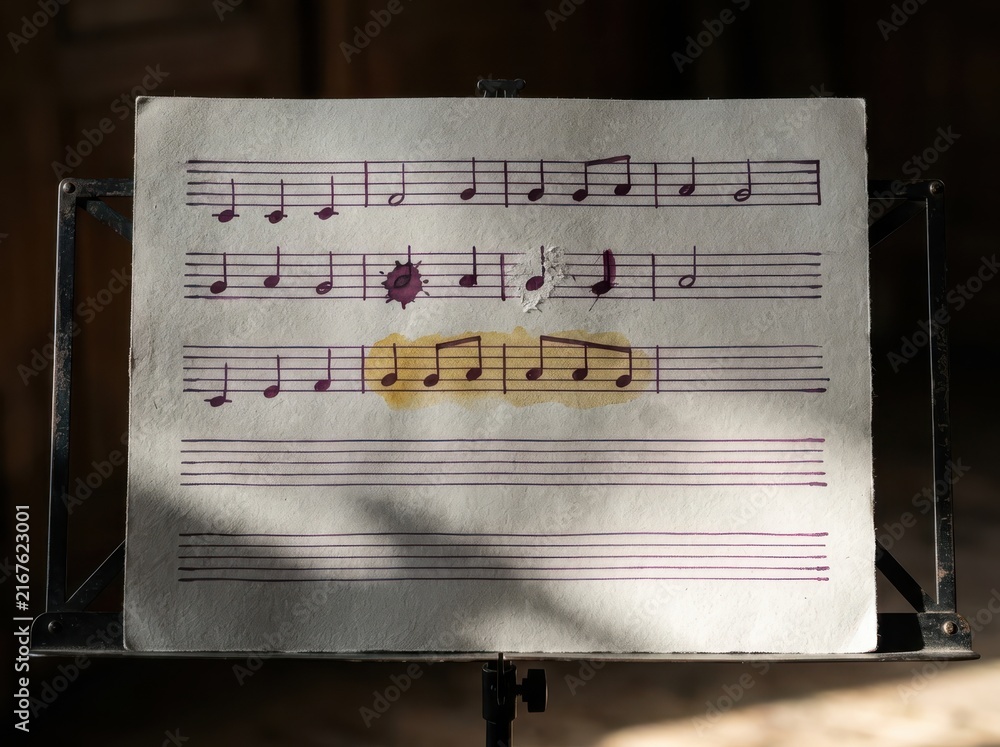 Naklejka premium Practice score sheet music on stand with handwritten notes