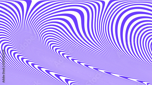 Purple and white curved lines create a highly distorted abstract wave pattern with strong perspective and flowing optical movement.