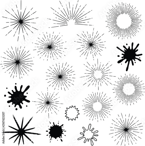 Set of black hand drawn starburst and ink splash