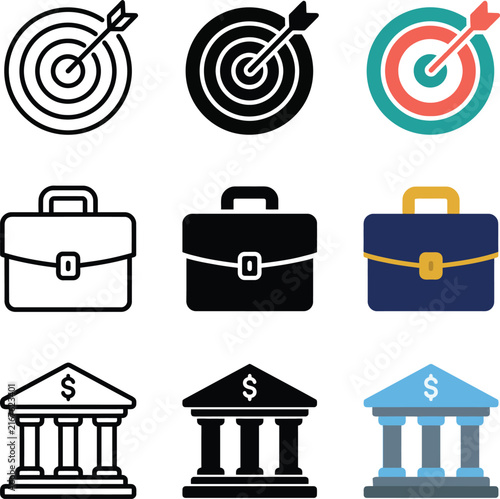 Set of business target finance and success icons with briefcase and bank symbols
