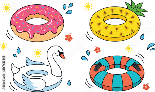 Summer Pool Float Vector Icon Set with Donut Pineapple Swan and Striped Inflatable Swim Rings for Vacation and Party Graphic Designs