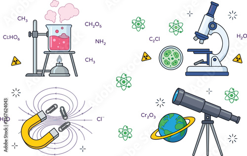 Science and Laboratory Vector Icon Set with Chemistry Beaker Microscope Horseshoe Magnet Telescope and Chemical Formulas for School Education Graphic Designs