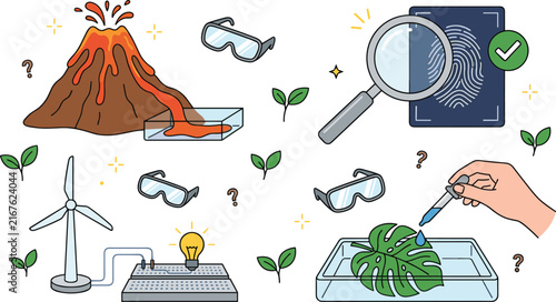School Science Experiment Vector Set with Volcano Model Wind Turbine Forensic Fingerprint and Botany Lab Elements for Kids Education Graphic Designs