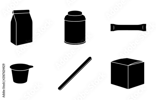 Foto Minimalist Black Icons: Coffee Creamer Cup, Sugar Packet, Straw, Bag, Canister,