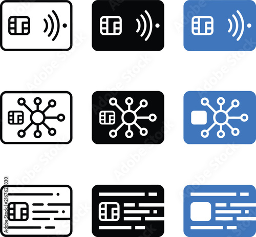 Set of credit card payment icons showing chip and contactless symbols