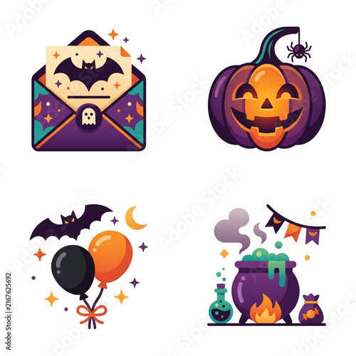 Halloween Icons Set Featuring Pumpkin Bat Envelope and Potion.