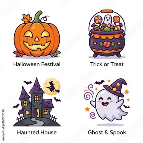 Halloween Icons Set Featuring Pumpkin Haunted House Ghost and Candy.