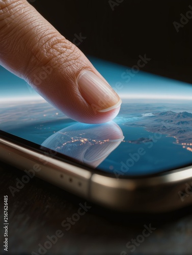 Finger Touching Smartphone Display with Digital Earth - Global Connection and Technology Concept