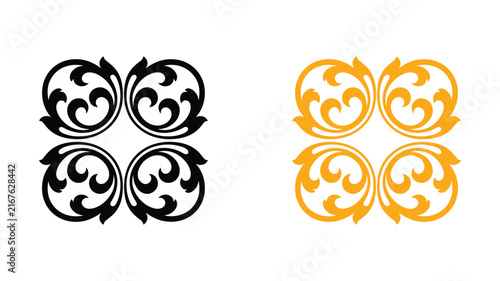 Baroque damask scroll ornament set in black and gold colors for royal architectural decoration.