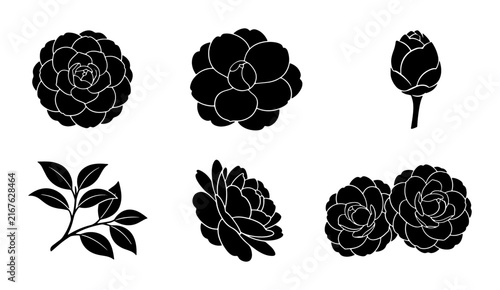 Black Camellia Flower Icons, Botanical Vector Elements, Floral Silhouette Graphics, Decorative Blossom Set