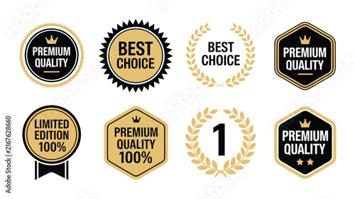 Premium Quality Badge Icons with Golden Seals, Best Choice Labels, Limited Edition Marks, and Guarantee Emblems for Luxury Branding, Product Packaging, Marketing, Retail, and Promotion