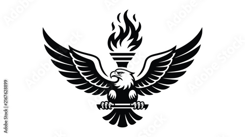 Majestic eagle silhouette holding torch with spreading wings for patriotic symbols and emblems.