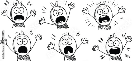 Scared doodle character set, frightened cartoon boy icon, hand drawn panic man illustration, sketchy funny emotional vector graphics for infographics