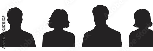 Four black silhouette portraits of men and women showing head and shoulder views, isolated on a white background, representing diverse human characters and avatars