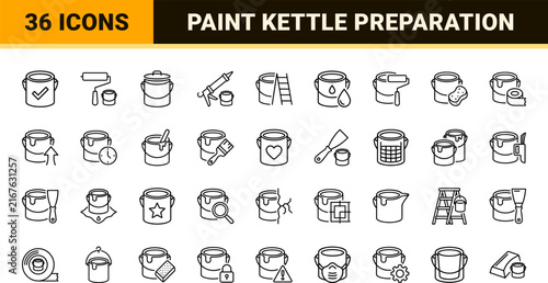 Paint Kettle Decorating Prep Web Icon Set in Linear Style. Collection of Surface Priming line icons, including masking, sanding, scraping, patching, priming, cleaning.