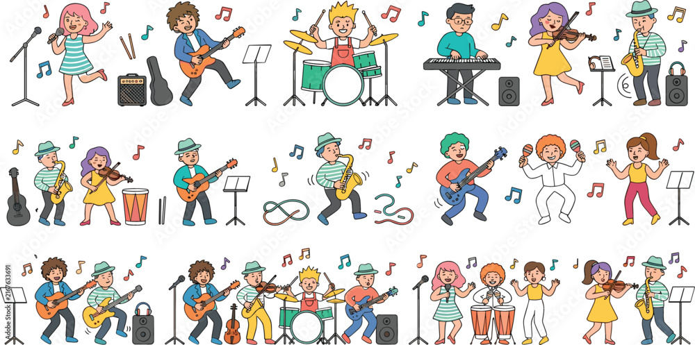 Fototapeta premium Cute Kids Music Band and Musical Performance Character Set with Singing, Dancing, Guitar, Drums, Saxophone, Violin, Keyboard, and Concert