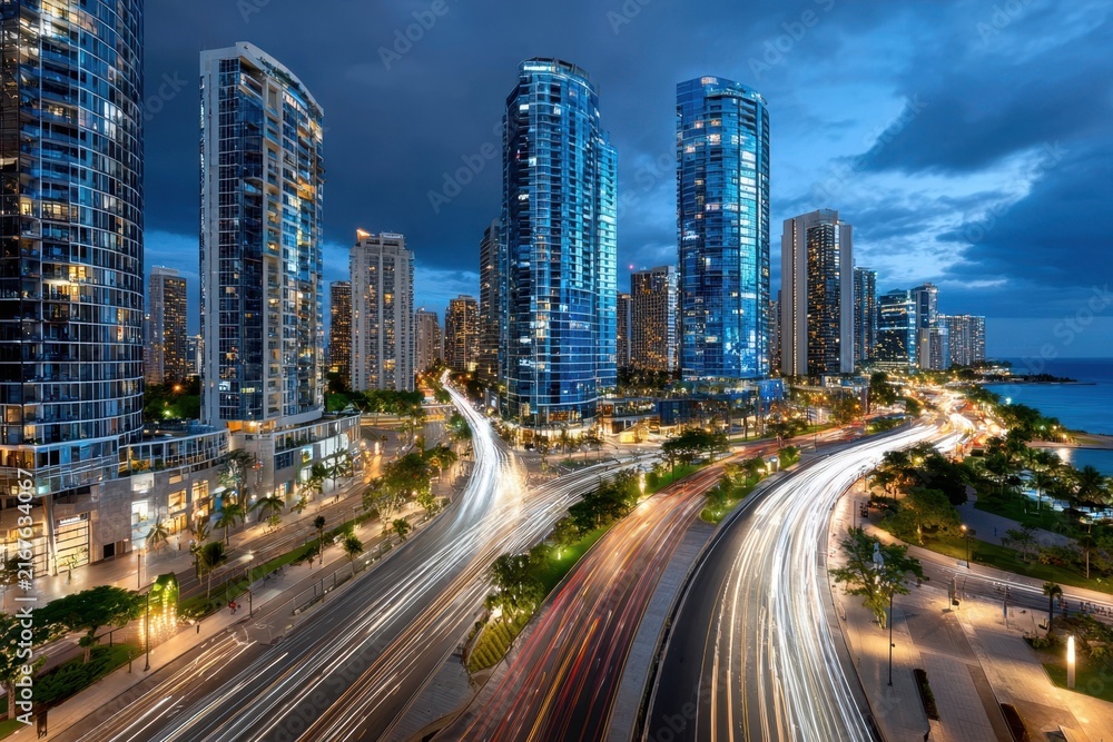 Fototapeta premium Cityscape with Light Trails at Dusk