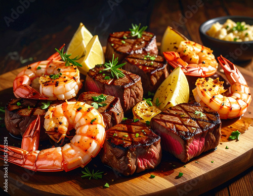 Grilled Steak and shrimp platter, wooden tray, closeup. AI