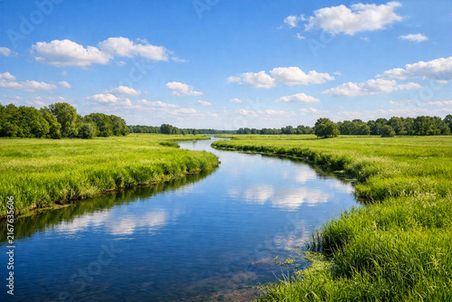Winding river flowing through a lush green meadow under a bright blue summer sky