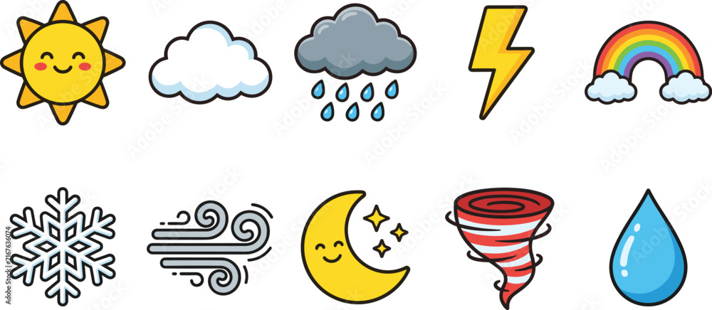 Fototapeta premium Cute colorful flat weather forecast vector icons set featuring cartoon sun cloud rain lightning rainbow snowflake wind moon tornado and water drop characters 