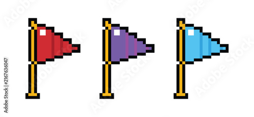 Pixel Flags Collection: A trio of vibrant, pixelated flags in red, purple, and blue stand proudly on golden poles, evoking a sense of retro gaming and digital art.
