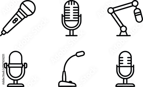 Bild auf Leinwand Professional microphone audio and podcast line icon set featuring studio recordi