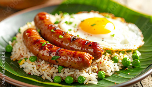 Sausage links, fried egg, fried rice with peas, Filipino style breakfast. AI