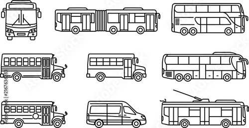 Bild auf Leinwand Public city transit and school bus line icon set featuring double decker coach v