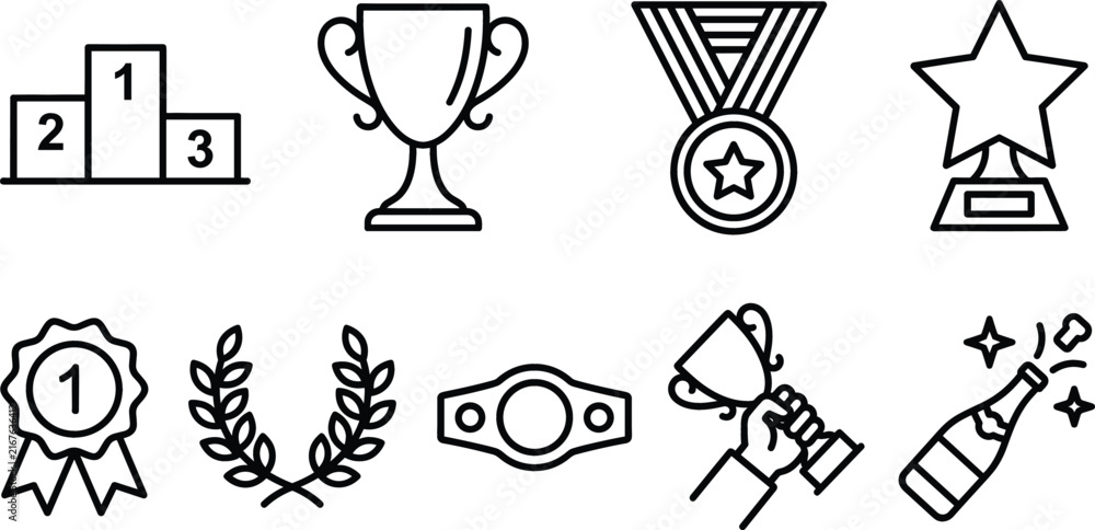 Naklejka premium Sports award trophy and championship success celebration vector icon set featuring linear medal podium star line art