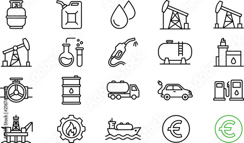 Oil gas and petroleum industry vector icon set featuring linear pumpjack rig tanker fuel nozzle line art