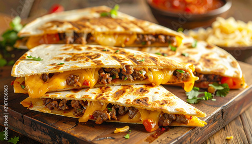 Beef and cheese quesadillas, wooding cutting board, closeup. AI