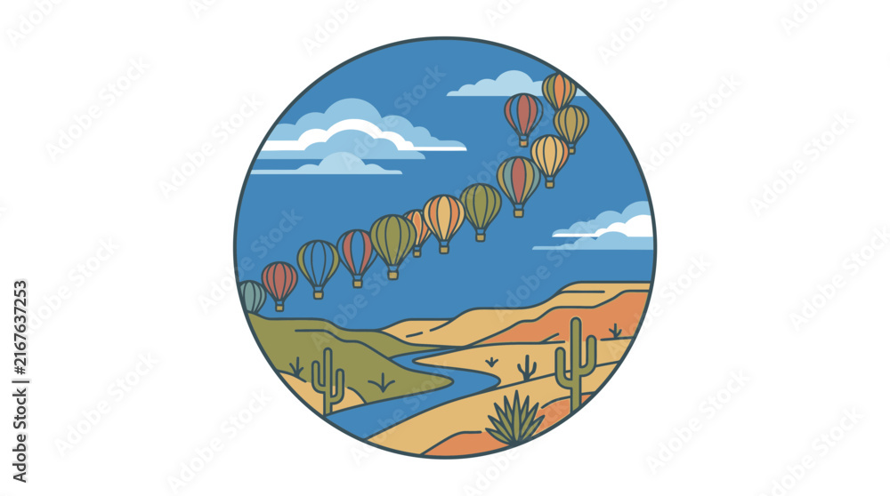 Fototapeta premium Hot air balloon desert canyon river festival parade vector illustration